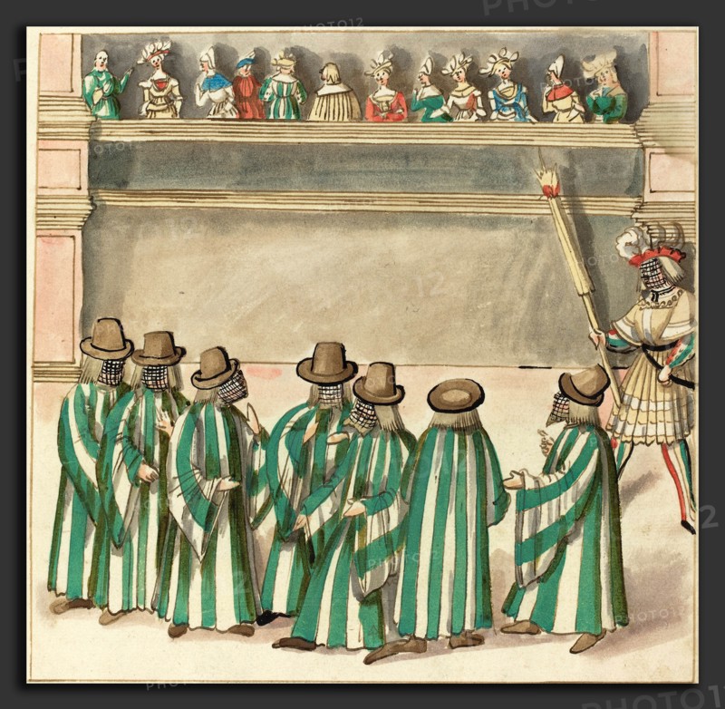 German 16th Century, Masquerade, c. 1515, pen and brown ink with watercolor on laid paper