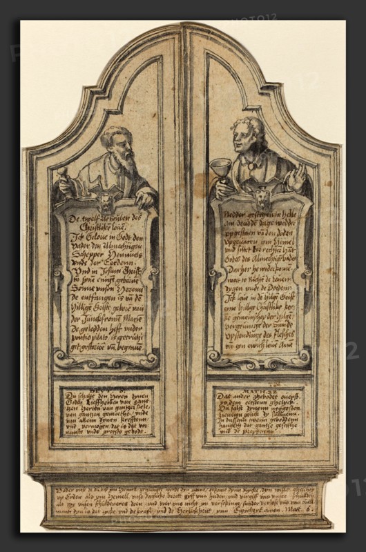 Hermann tom Ring (German, 1521 - 1597), Altar of the Christian Faith, 1561, pen and black ink with gray wash and blue watercolor on laid paper mounted and folded to form miniature design for a triptych alterpiece; script in pen and brown ink