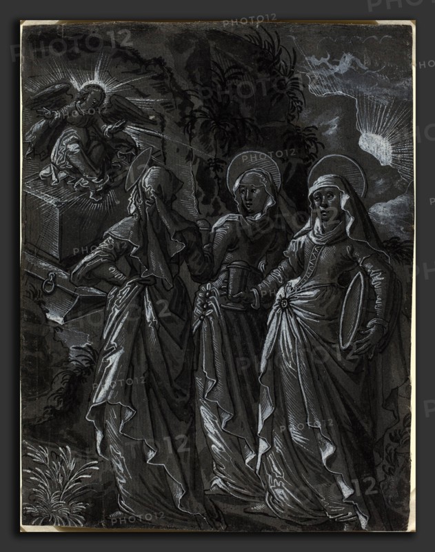 German 16th Century, The Three Women at the Tomb [recto], c. 1600, pen and brush and black ink with gray wash heightend with white on gray prepared paper