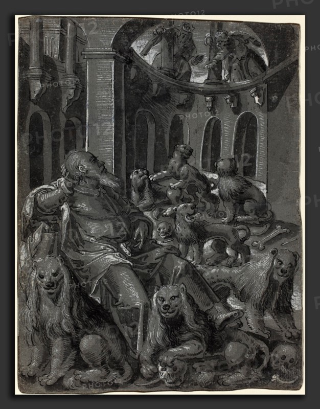 German 16th Century, Daniel in the Lions' Den [recto], c. 1600, pen and black ink with brush and gray ink and graywash heightened with white on gray prepared paper