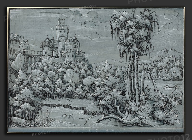 German 16th Century, Landscape with a Castle, 1544, pen and black ink with white heightening on blue prepared paper