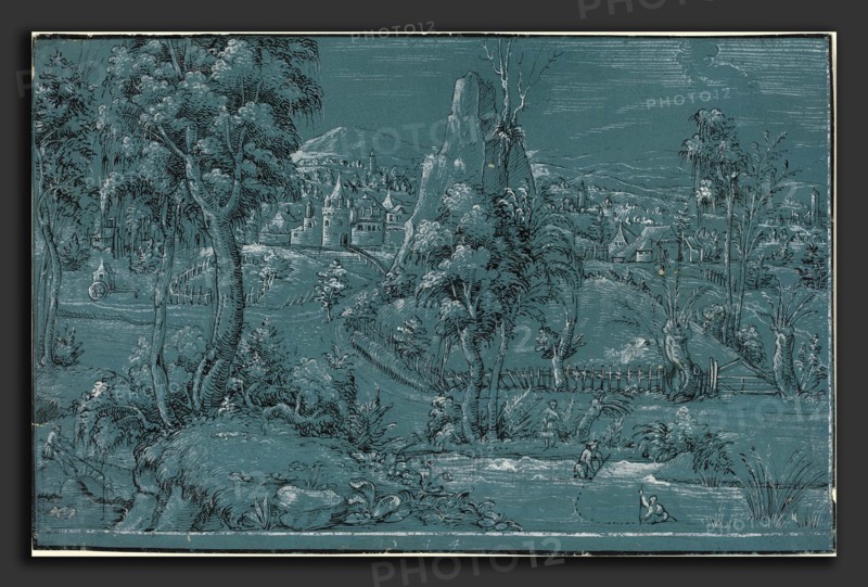 German 16th Century, Landscape with Men Fishing, 1544, pen and black ink with white heightening on blue prepared paper