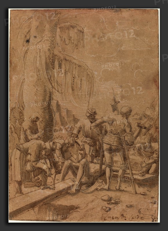 Albrecht Altdorfer (German, 1480 or before - 1538), Christ Nailed to the Cross, c. 1512, pen and brown and black ink, with gray wash and white heightening on brownish-pink prepared laid paper