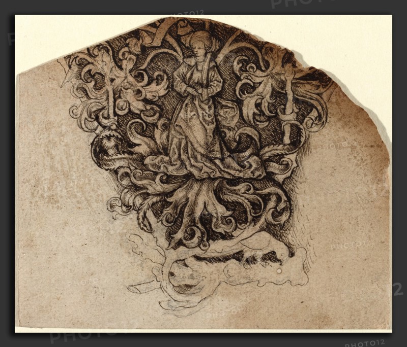 Master LCz (German, active c. 1480-1505), Gothic Ornament with a Lady and a Parrot, c. 1495, pen and brown ink over black chalk