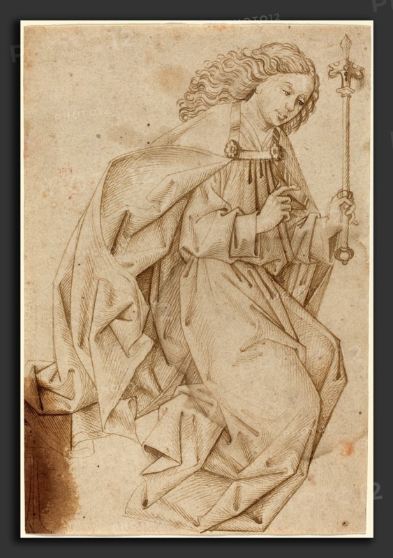 Swabian School, The Angel of the Annunciation, 1480s, pen and brown ink over traces of black chalk on laid paper