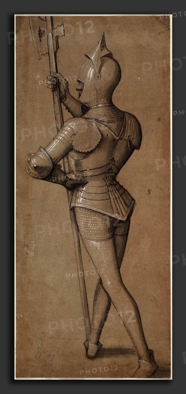 Swabian School, Study of a Knight in Armor, Holding a Halberd, c. 1500, pen and brown and black ink, point of the brush and black ink, and gray wash, heightened with white