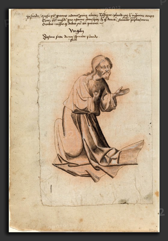 South German 15th Century, Christ Kneeling in Prayer, c. 1425, pen and dark brown ink with dark gray wash and white heightening on pink partially prepared paper