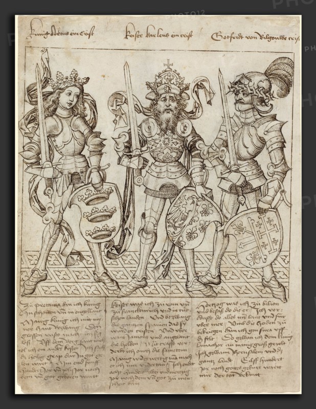 Primary Master of the Strassburg Chronicle (German, active 1480s and 1490s), King Arthur, Charlemagne and Godfrey of Boulogne, 1492, pen and black ink over traces of black chalk