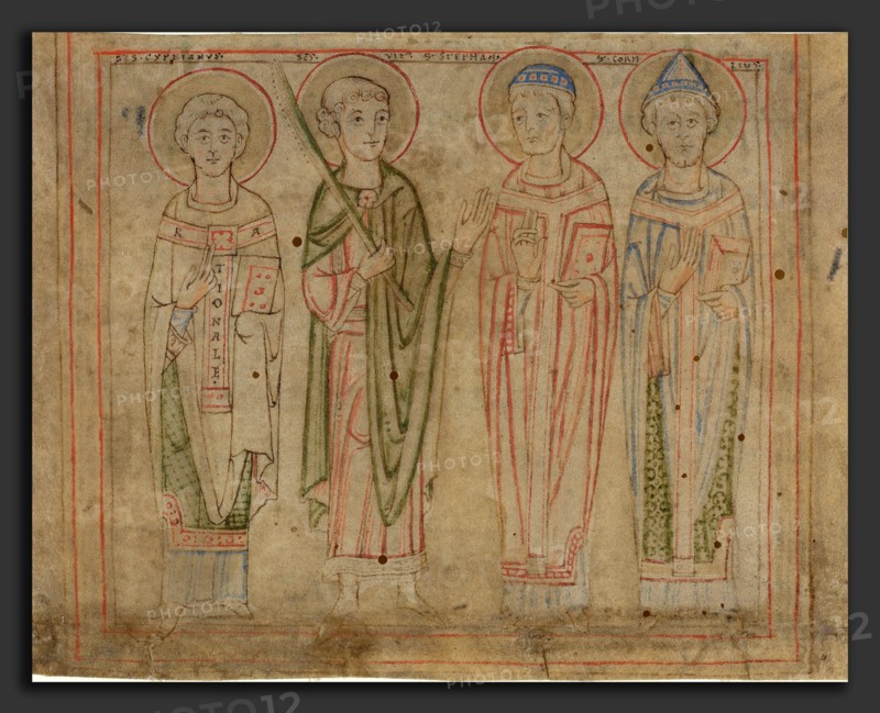 German 12th Century, Saints Cyprian, Vitus, Stephan, and Cornelius, third quarter 12th century, miniature on vellum