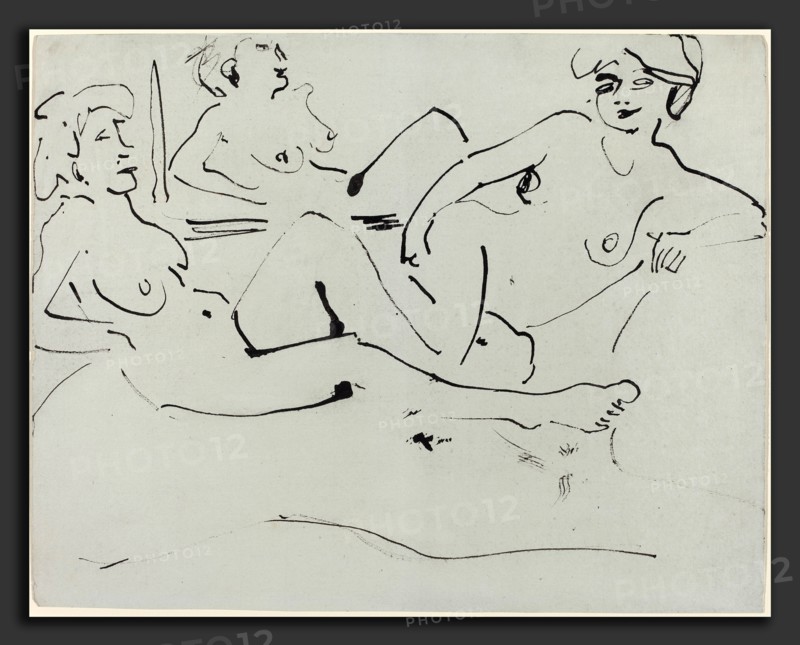 Ernst Ludwig Kirchner, Dodo and an Older Woman Reclining before a Mirror, German, 1880 - 1938, 1909, pen and black ink on heavy gray-green paper