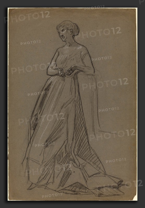 French 19th Century, Standing Woman Leaning on Her Elbow, 1890s, black chalk heightened with white chalk on gray-blue laid paper