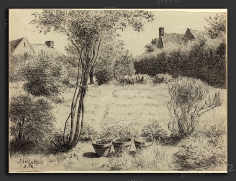 Jean-Baptiste Millet, Sunlit Garden, French, 1831 - 1906, black chalk with gray wash