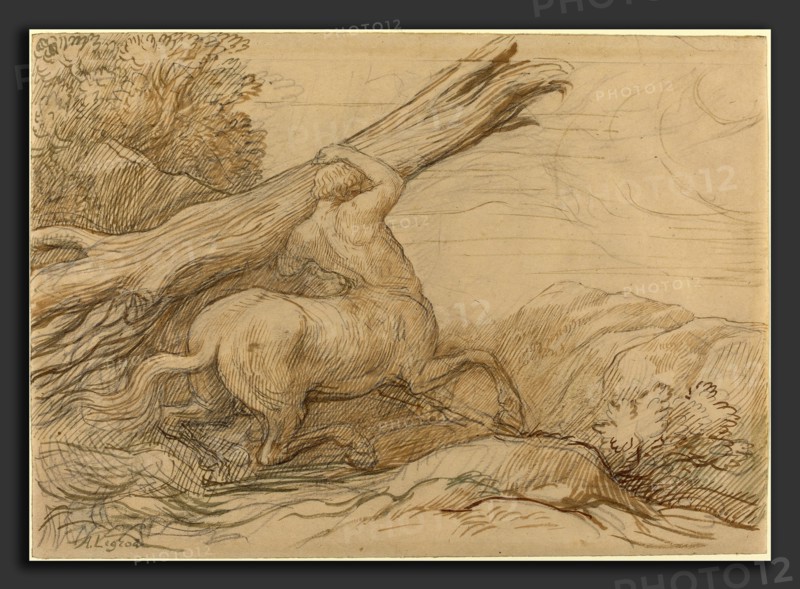 Alphonse Legros, Centaur Carrying a Tree Trunk, French, 1837 - 1911, brown and green ink over graphite