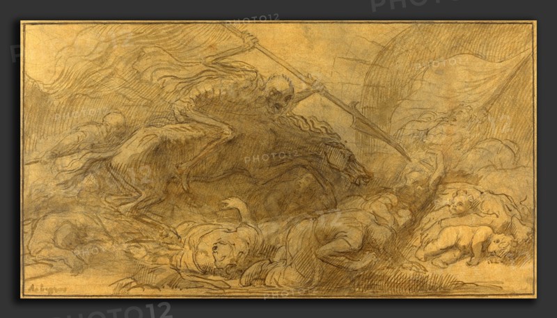 Alphonse Legros, After the Battle, French, 1837 - 1911, pen and brown ink with brown wash over graphite on brown paper