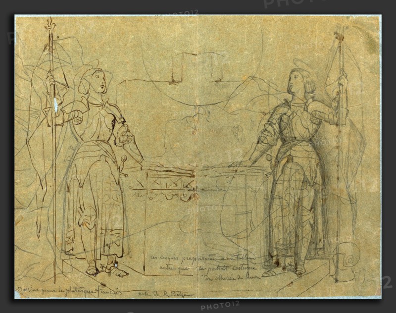 Jean-Auguste-Dominique Ingres (French, 1780 - 1867), Joan of Arc Standing at the Altar at Reims Cathedral, c. 1844, pen and brown ink and graphite on tracing paper laid down on blue paper