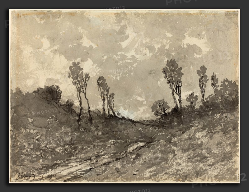 Henri-Joseph Harpignies, Road at Hérisson, French, 1819 - 1916, 1911, brush with black and gray inks over charcoal on wove paper