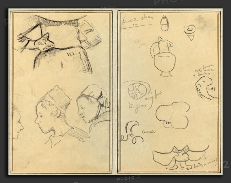 Paul Gauguin (French, 1848 - 1903), Four Studies of Breton Women; Shapes and Vases, 1884-1888, graphite and crayon on wove paper