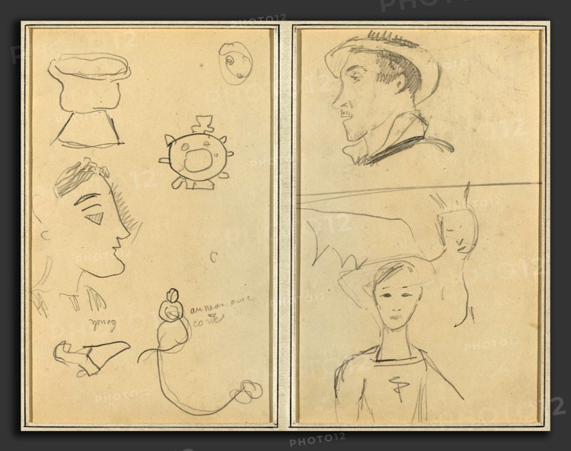 Paul Gauguin (French, 1848 - 1903), A Caricature and Five Forms; A Man in Profile, a Winged Creature and a Boy, 1884-1888, graphite on wove paper