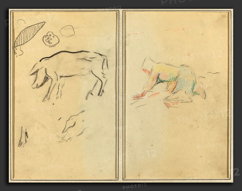 Paul Gauguin (French, 1848 - 1903), A Pig; Breton Peasant Kneeling, 1884-1888, crayon and graphite on wove paper