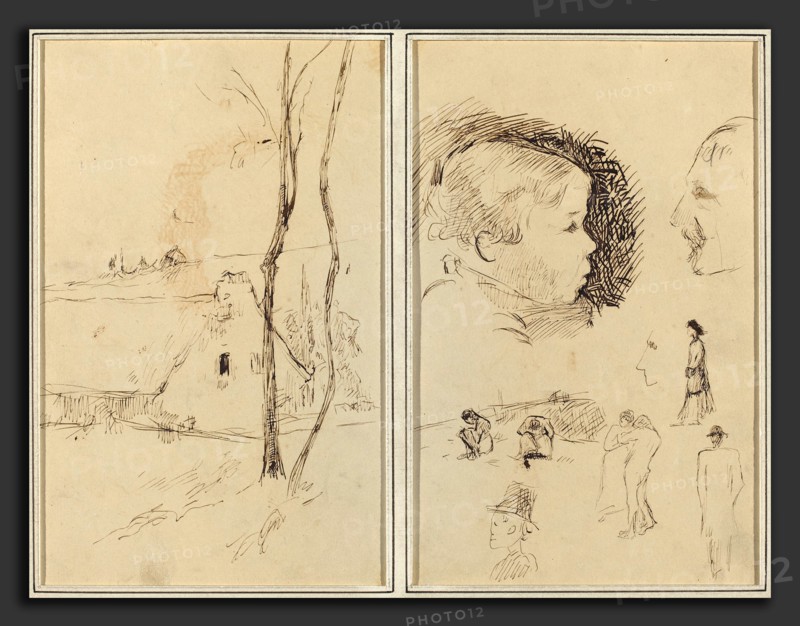 Paul Gauguin (French, 1848 - 1903), Landscape with a Cottage; Profile of Boy, Profile of Man, Two Women in a Landscape, and Five Other Studies, 1884-1888, pen and brown ink on wove paper