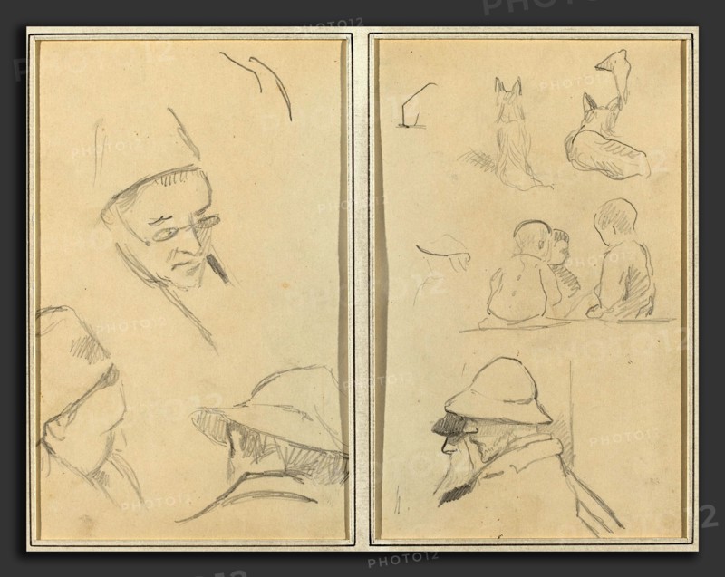 Paul Gauguin (French, 1848 - 1903), Three Studies of Men's Heads, One with Spectacles; Dogs, Children, and Two Bearded Men in Profile, 1884-1888, graphite on wove paper