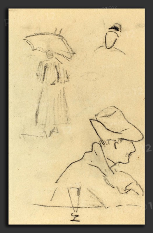 Paul Gauguin (French, 1848 - 1903), A Person Holding an Umbrella and a Seated Man with a Hat and a Glass, 1884-1888, crayon on wove paper