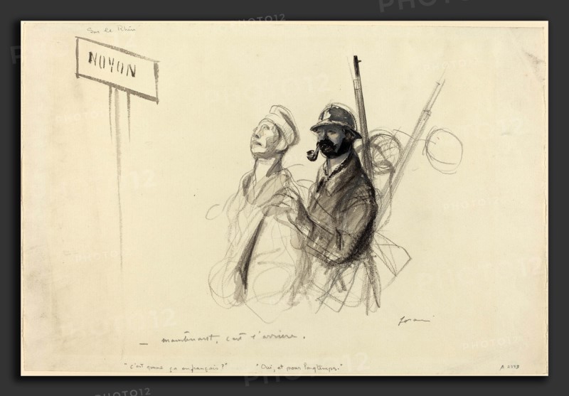Jean-Louis Forain, Sur le Rhin.  -maintenant c'est l'arriere., French, 1852 - 1931, probably 1918, black crayon with black and gray wash on laid paper