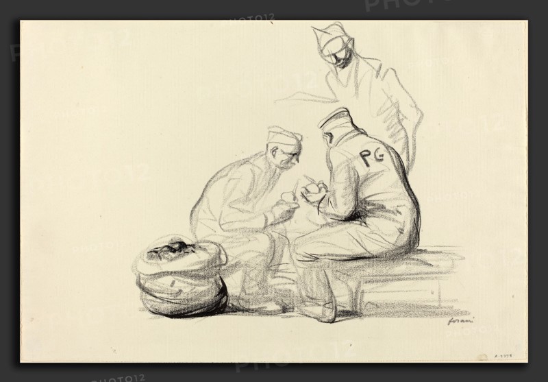 Jean-Louis Forain, Poilu and German Prisoners, French, 1852 - 1931, c. 1914-1919, black crayon on laid paper