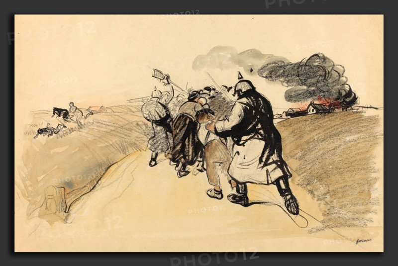 Jean-Louis Forain, German Raid on a Village, French, 1852 - 1931, c. 1914-1919, brush and black ink and black crayon with watercolor on wove paper