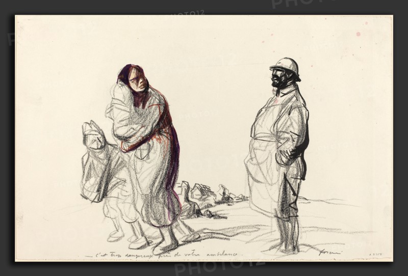 Jean-Louis Forain, C'est trop dangereux pres de votre ambulance, French, 1852 - 1931, c. 1914-1919, brush and black ink and black crayon with watercolor on wove paper