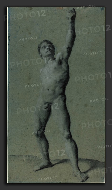 Pierre Paul Prud'hon (French, 1758 - 1823), Male Nude Study, charcoal heightened with white chalk on blue paper