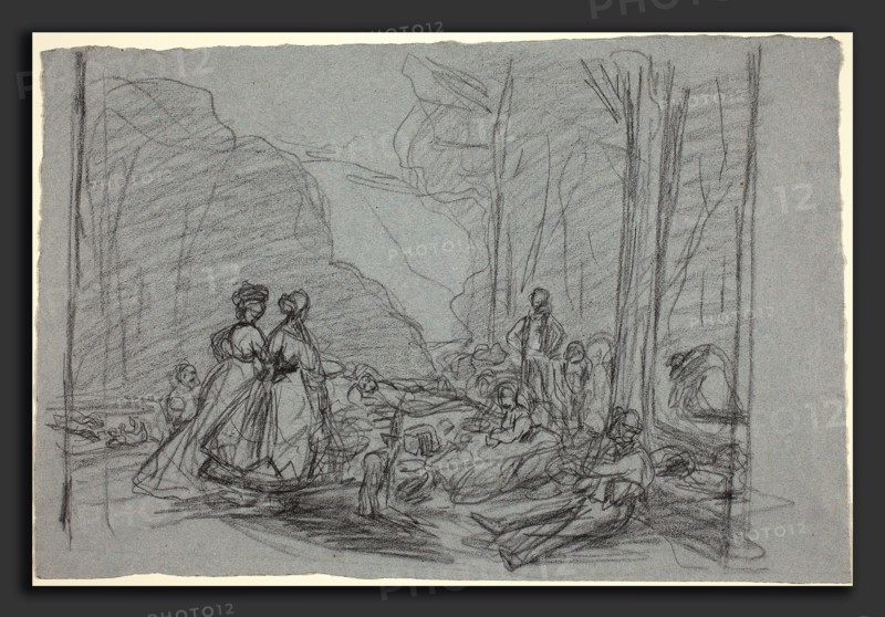 Claude Monet (French, 1840 - 1926), The Luncheon on the Grass, c. 1865, black chalk on blue laid paper