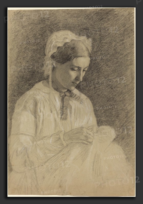 Edgar Degas (French, 1834 - 1917), Woman Embroidering, 1855-1860, black chalk and graphite heightened with white on wove paper