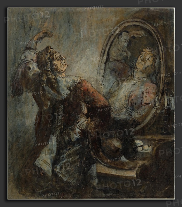 Honoré Daumier (French, 1808 - 1879), Actor Posing in Front of a Mirror, pen and black ink with crayon and watercolor on heavy laid paper
