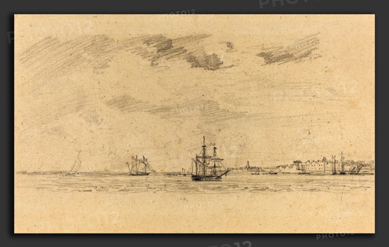 EugÃ¨ne Boudin (French, 1824 - 1898), Coastal Landscape with Shipping, c. 1858, graphite