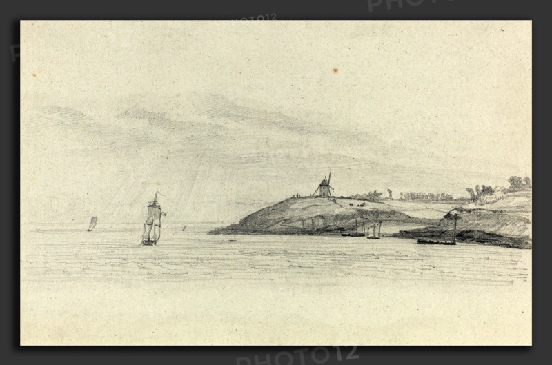 EugÃ¨ne Boudin (French, 1824 - 1898), Coastal Landscape with Shipping; Windmill in Distance, c. 1858, graphite