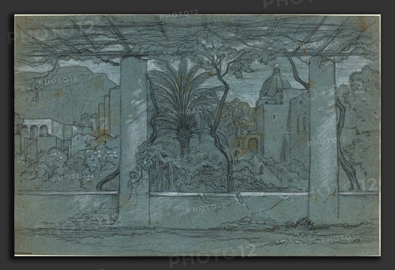 FranÃ§ois-Ãâdouard Bertin (French, 1797 - 1871), A Terrace and Garden on Capri [recto], c. 1822 or later, charcoal and white chalk on blue paper