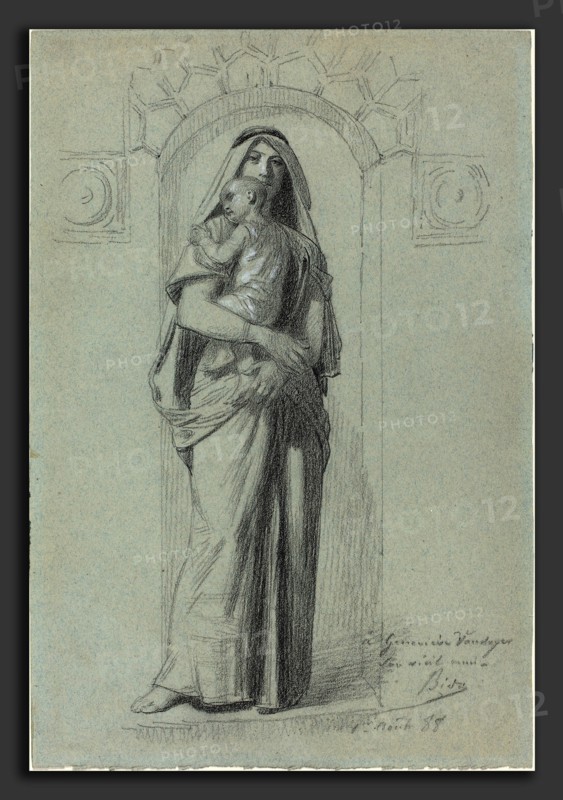 Alexandre Bida (French, 1823 - 1895), Mother and Child, 1888, black chalk heightened with white on blue wove paper