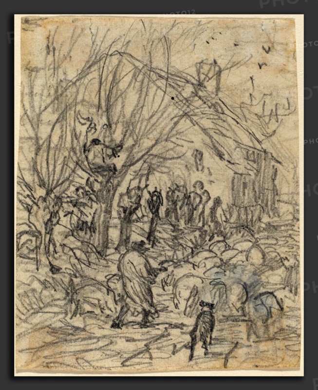 Théodore Rousseau (French, 1812 - 1867), A Flock of Sheep before a Farmhouse, graphite on wove paper