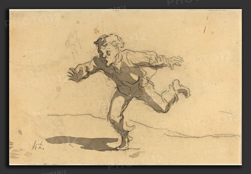 Honoré Daumier (French, 1808 - 1879), The Young Courier, black crayon and gray wash on laid paper; gray wash figure on verso