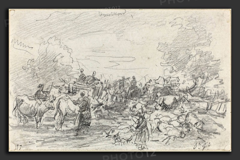 EugÃ¨ne Boudin (French, 1824 - 1898), Herds Crossing a Stream, 1877, graphite on wove paper