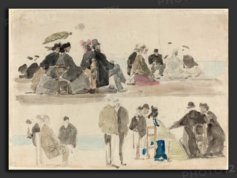 EugÃ¨ne Boudin (French, 1824 - 1898), Ladies and Gentlemen on the Beach, in Two Registers, c. 1865, watercolor over graphite