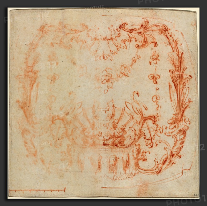 Jean-Baptiste Joseph Pater (French, 1695 - 1736), Rococo Wall Design with a Fountain and Swans, c. 1729, red chalk and red chalk counterproof on 2 joined sheets of laid paper