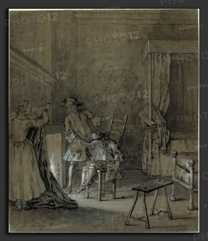 Jean-Baptiste Oudry (French, 1686 - 1755), Ragotin enivré par La Rancune, 1726-1727, black and white chalk heightened with white and with touches of brush and black ink on blue laid paper