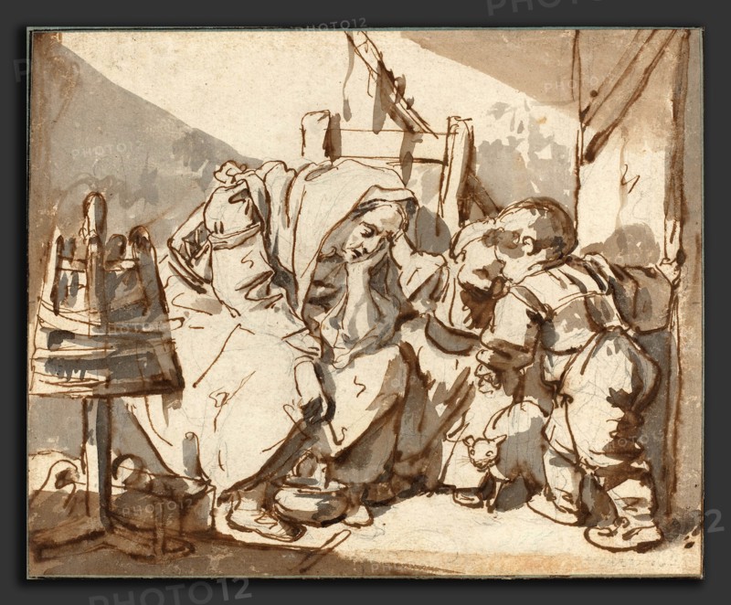 Jean-Baptiste Greuze (French, 1725 - 1805), A Tired Woman with Two Children, 1750-1761, pen and brown ink with brown wash over black chalk on laid paper; laid down