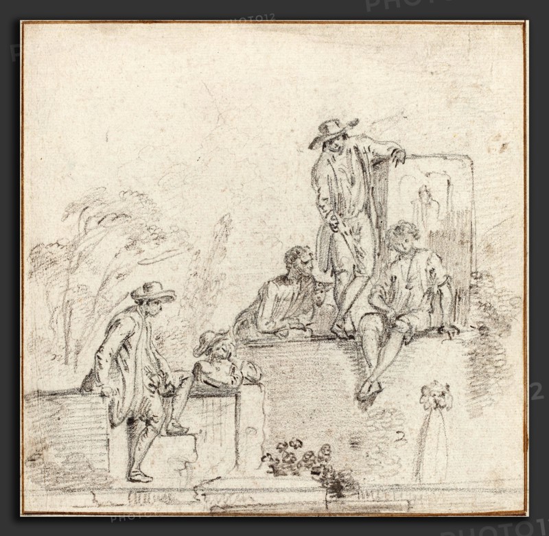 Jean-Baptiste Lallemand (French, 1716 - c. 1803), Figures Seated Around a Fountain, c. 1755, black chalk on laid paper