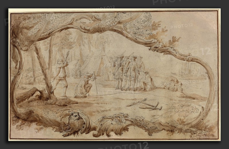 Hubert FranÃ§ois Gravelot (French, 1699 - 1773), The Landing of the Dutch Expedition Party in New York, pen and brown and black ink with brown wash on laid paper