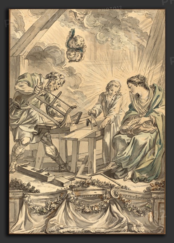 Charles Eisen (French, 1720 - 1778), The Holy Family in the Carpenter's Shop, c. 1755, pen and gray ink with gray wash, watercolor, white gouache, and touches of brown ink on laid paper