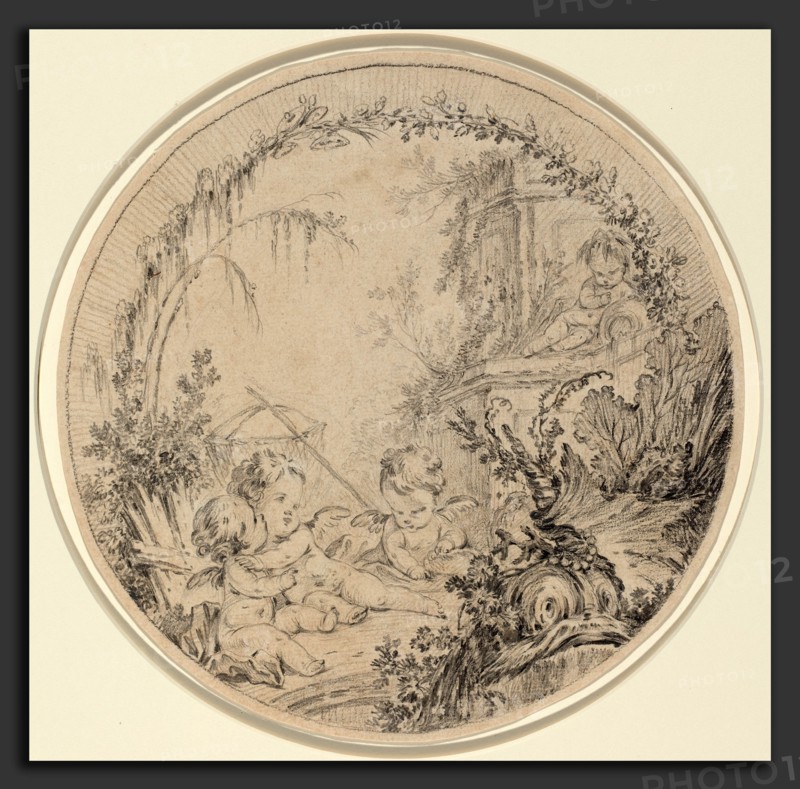 Attributed to Charles Eisen (French, 1720 - 1778), Three Putti with a Fishing Net, black chalk on laid paper