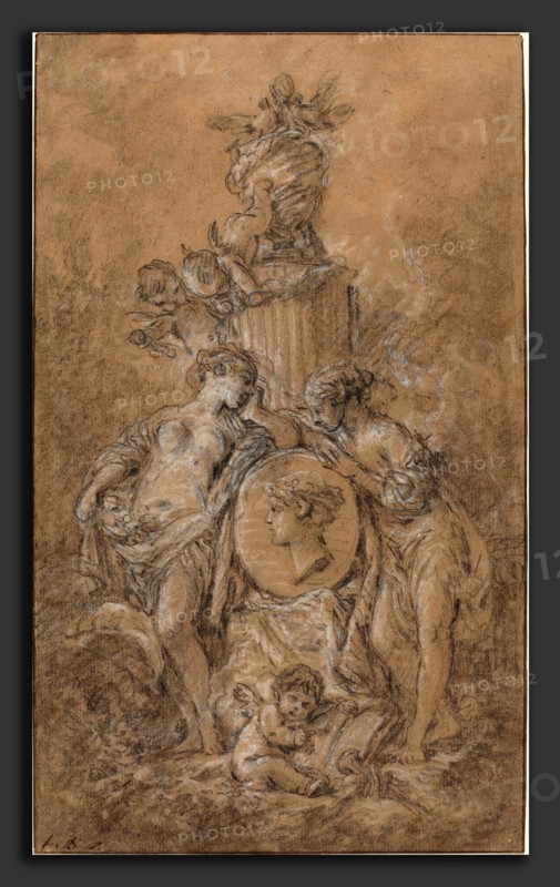 FranÃ§ois Boucher (French, 1703 - 1770), Design for a Funeral Monument, c. 1767, black chalk and stumping with touches of graphite, heightened with white, on brown laid paper